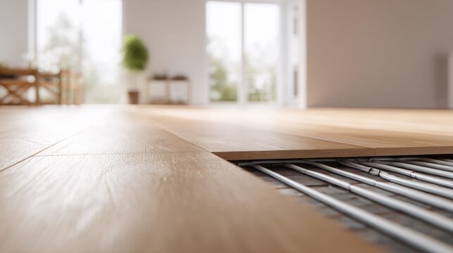 close up of a section of modern underfloor heating installation beneath elegant light oak flooring, one floor panel slightly lifted to reveal neatly