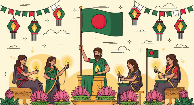 People celebrating Bangladesh national day with flags.