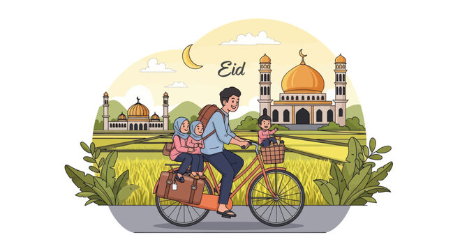 Muslim father and children on bicycle traveling for Eid.