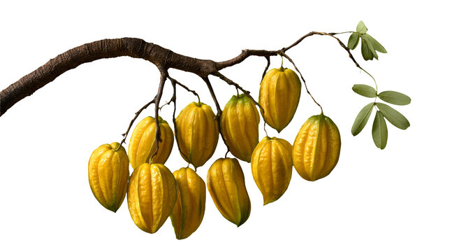 Ripe Yellow Star Fruit Branch with Green Leaves