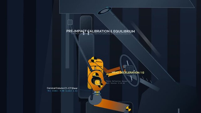 Detailed 2D animation of a car crash test biomechanics, showing an anthropomorphic dummy experiencing hyper-flexion, deceleration forces, and airbag inflation dynamics during barrier impact
