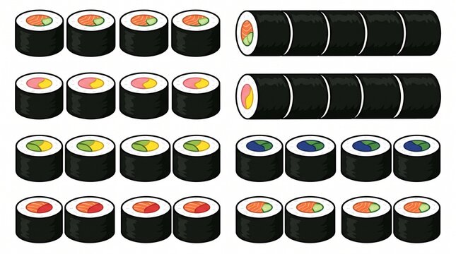 Assorted sushi rolls and maki set on white background with japanese restaurant culinary collection illustration