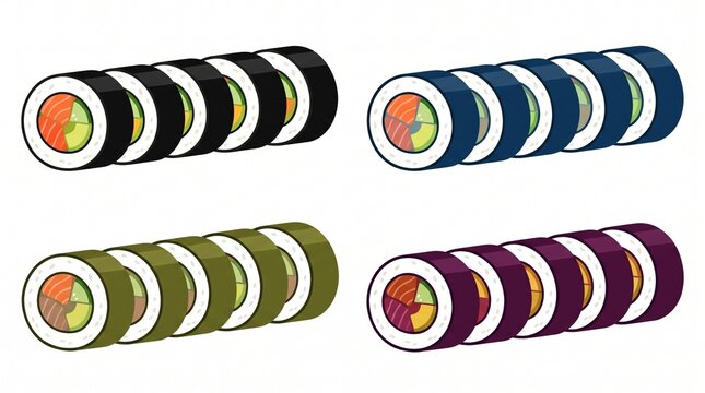 Set of colorful sushi rolls or maki with rice and filling wrapped in seaweed isolated on white background