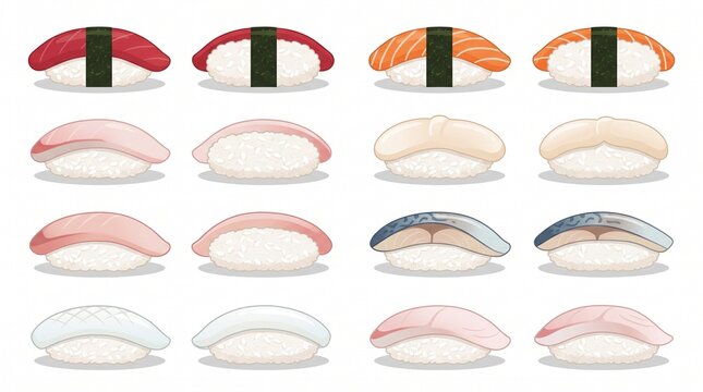 Collection of various nigiri sushi styles featuring diverse fish fillets and seafood on white background
