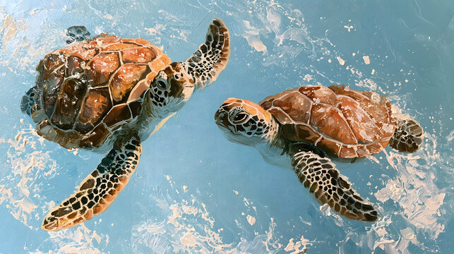 Two green sea turtles swim gracefully in clear blue water. Their shells are brown with intricate patterns, showcasing their natural beauty.