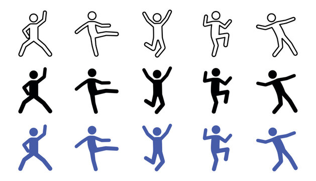 Set of stick figure dancing icons in black white and blue isolated on white background