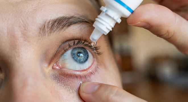 A close-up of a person applying liquid eyedrops to their blue eye from a small white bottle.