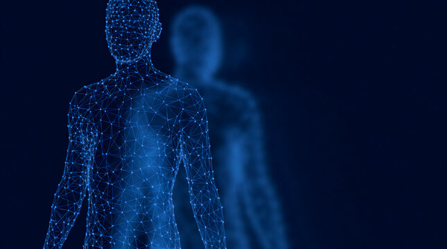A digital 3D wireframe human body model rendered with glowing blue nodes and connecting lines against a dark blue background.
