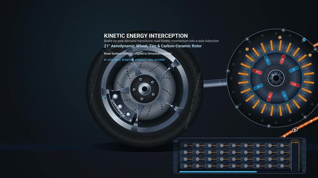 Detailed 4K animation of EV regenerative braking system showing kinetic energy interception, mechanical torque inversion, electromagnetic drag, synchronous rectification, and battery charging