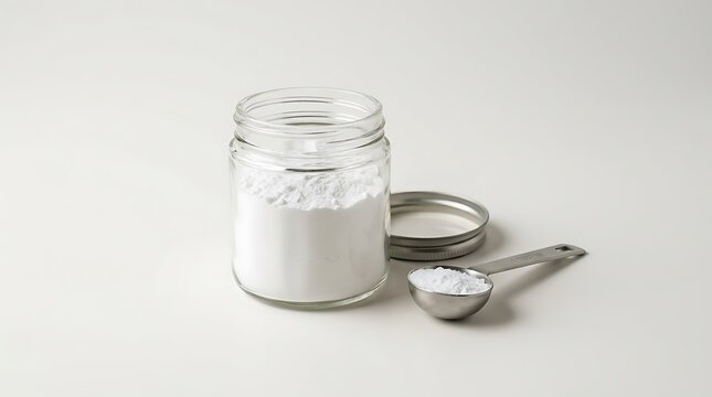 Baking soda powder in a glass jar with a metal measuring spoon. baking soda container