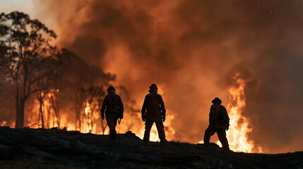 Fototapeta premium Thick wildfire smoke turning midday sky a deep haze over a drought-stricken Australian eucalyptus forest, silhouetted firefighters on a ridge, ember storm, bushfire emergency,