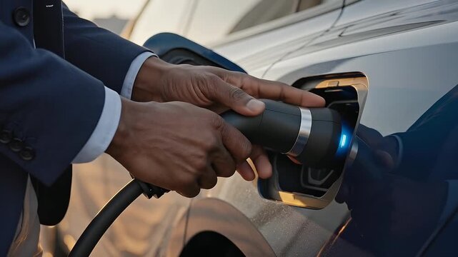 Man charging electric vehicle with modern charger at home, close up of hands connecting plug to car's charging port, sustainable energy concept