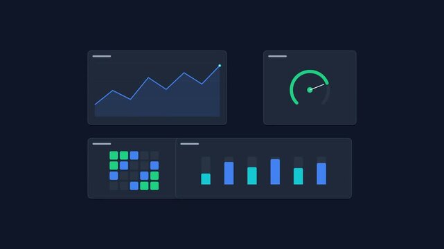 Animated Modern Data Analytics Dashboard Interface with Line Graph, Bar Chart, and KPI Gauge Representing Business Growth and Statistics on a Dark Background for Technology and Finance Projects