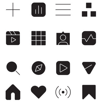 Minimalist social media interface icons, set of 16 black solid vector symbols for mobile app UI, modern web navigation and digital profile buttons
