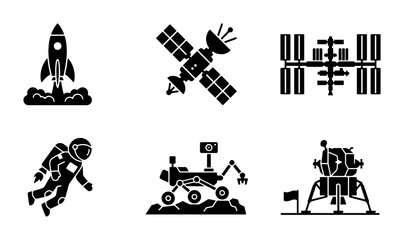 Space Exploration Icons: Rocket, Satellite, ISS, Astronaut, Rover, Lander, Vector Set © Arko
