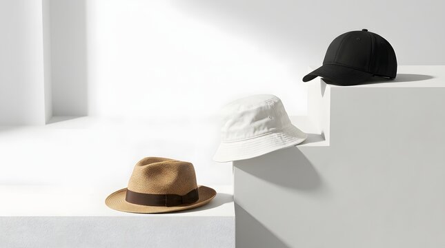 Minimalist still life of a croissant and black baseball cap on white surfaces
