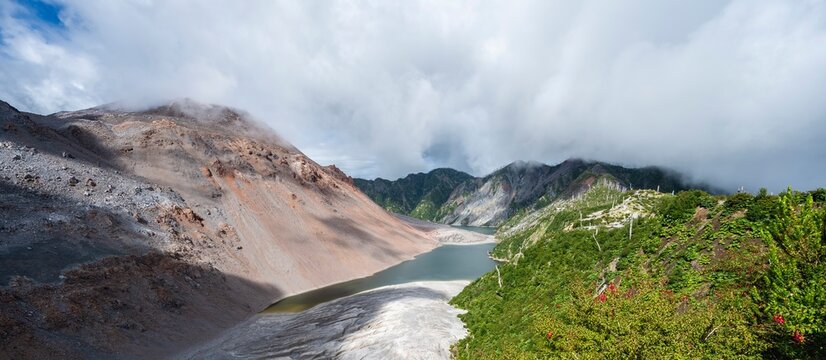 View of caldera with lake, Chait&eacute;n volcano crater, Pumalin National Park, Los Lagos, Patagonia Verde, Chile
