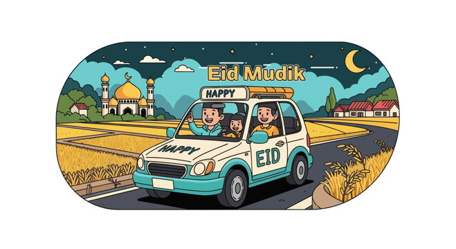Family driving car for Eid Mudik homecoming tradition.