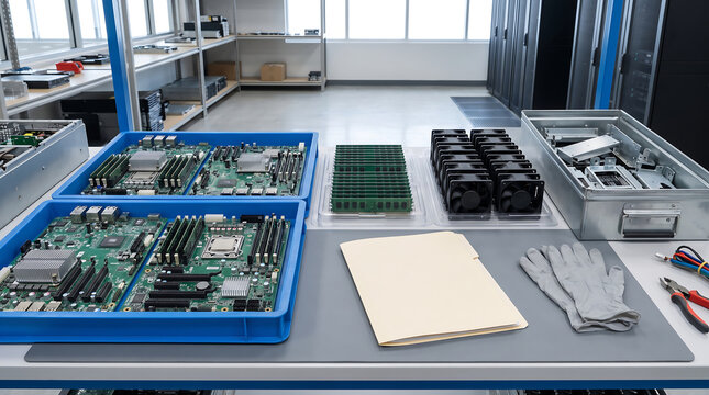 Server components arranged on workstation desk with motherboards ram modules cooling fans tools and documentation in a technical laboratory