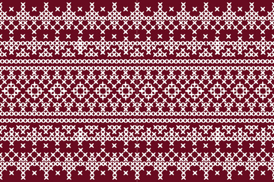 knitted seamless pattern
A seamless traditional tribal geometric pattern blending diamond motifs with intricate white-and-brown pixel-art cross-stitch elements against a brown background&mdash;a modern fash