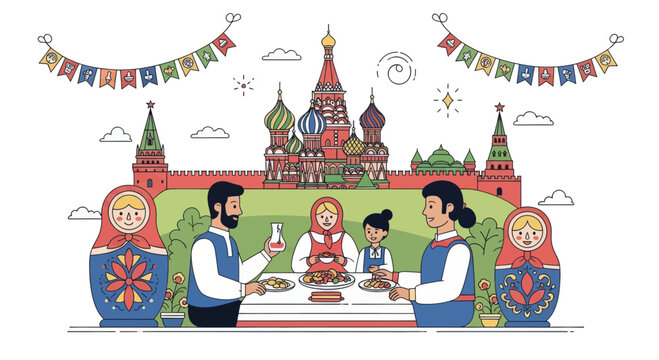 Russian family dinner with Kremlin and matryoshka dolls.