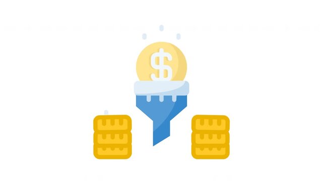 Sales funnel animation with gold coin stacks and conversion icons