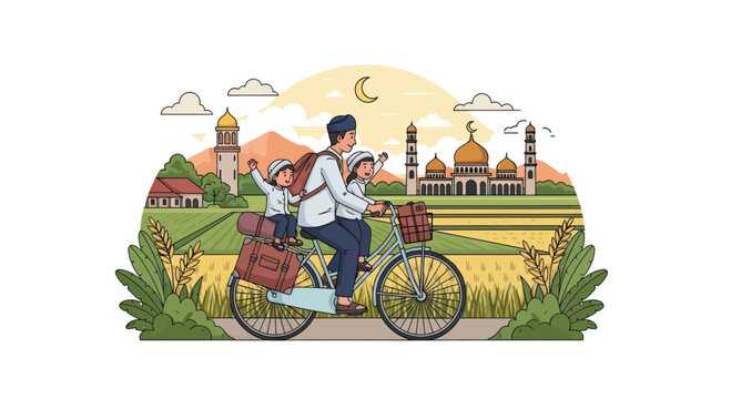 Father and son riding bicycle for holiday mudik travel.