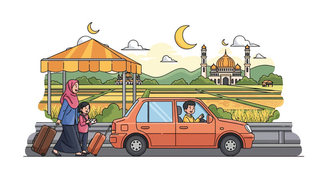 Muslim family loading luggage into car for travel.