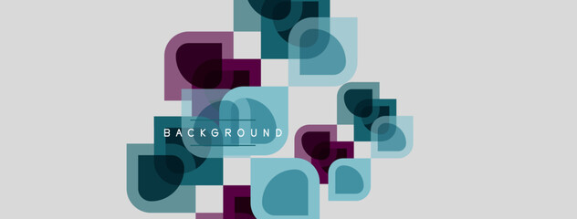 Obraz premium Abstract geometric shapes overlap, creating modern background. Colors include teal, purple, gray, white. Minimalist design.