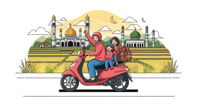 Muslim man riding scooter toward mosque for Eid.