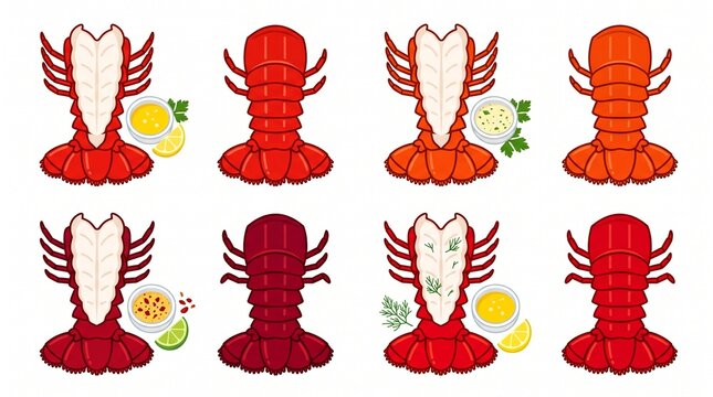 Set of prepared lobster tails with dipping sauce arranged on plates crustacean shellfish gastronomy nutrition