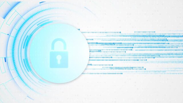 Cyan padlock rests inside round HUD binary code fluid data waves white background. cyber security, encryption, digital privacy, network protection, secure access, cloud systems, and data safety videos