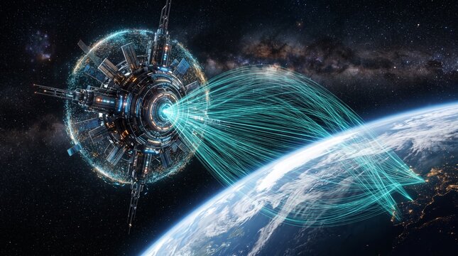 Satellite emitting data streams over Earth with holographic network visualization