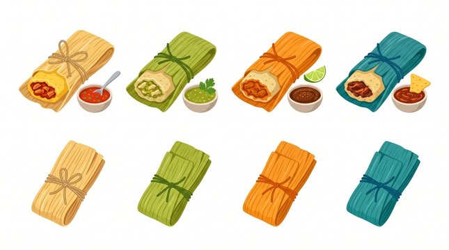Delicious wrapped tamales served with variety of dipping sauces and fresh cilantro traditional appetizer