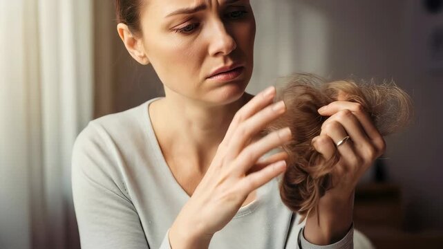 Sad woman holding significant amount of shed hair, showing a journey of hair loss and concern about alopecia.