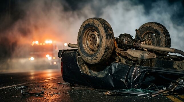 This dramatic car crash road accident scene features an overturned vehicle lying upside down on a dark asphalt road amidst thick smoke and glowing emergency lights in the background
