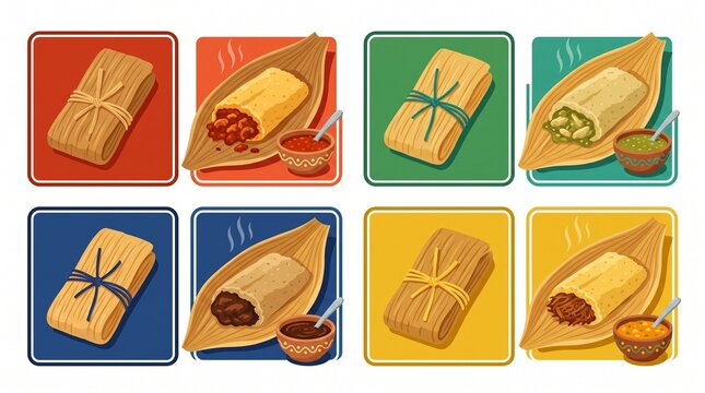 Traditional tamales wrapped in corn husks with various fillings and dipping sauces traditional appetizer delicious