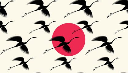 Fototapeta premium Herons in flight Seamless Pattern for interior decoration, textiles. Japanese style, fashionable home decor. Abstract flying bird vector illustration texture isolated on white vintage retro background
