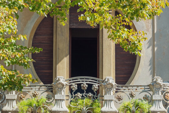 Art Nouveau-style house. Art Nouveau-style balcony. Art Nouveau-style window. Art Nouveau house in Parma, Italy.