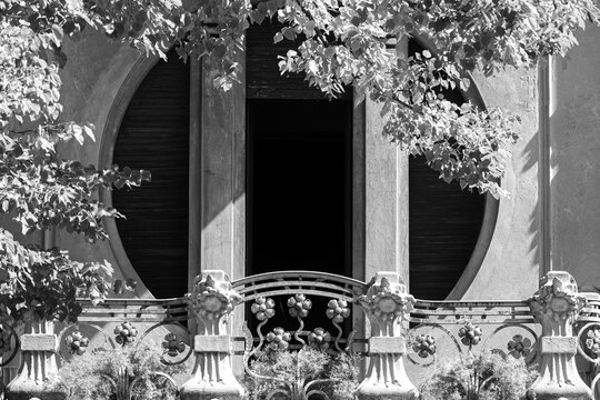 Art Nouveau-style house. Art Nouveau-style balcony. Art Nouveau-style window. Art Nouveau house in Parma, Italy.