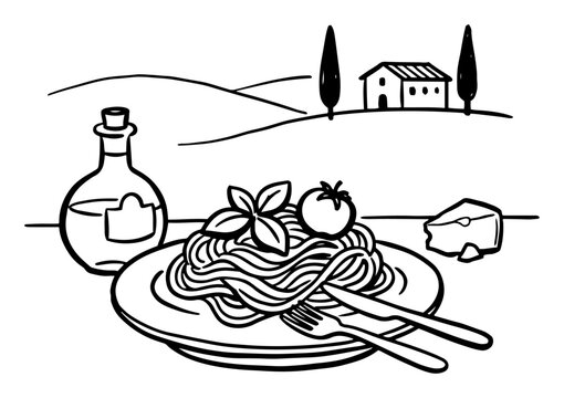 Italian spaghetti pasta dish with olive oil and Tuscan farmhouse coloring page line art vector