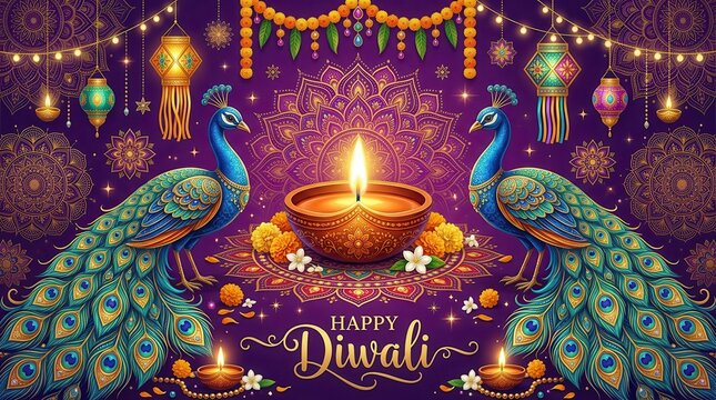 Happy Diwali Festive Background with Elegant Peacocks, Glowing Diya, and Ornate Mandala Patterns on Purple