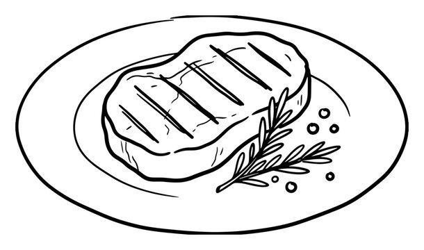 Grilled beef steak on plate with rosemary and peppercorns coloring page line art vector