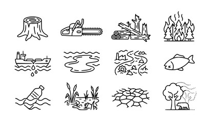 Obraz premium Deforestation oil spills and aquatic ecosystem damage icon set