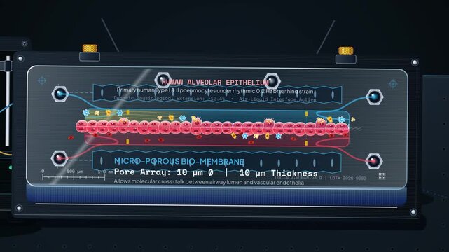Organ-on-a-chip microfluidic device animation showing alveolar epithelium mimicking human physiology for real-time drug toxicity telemetry and therapeutic perfusion to replace animal testing