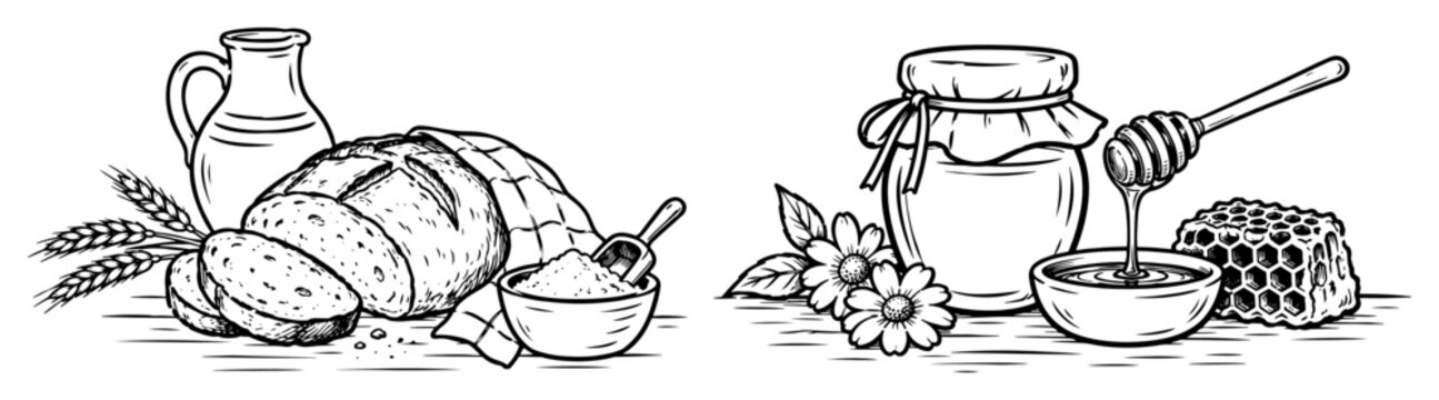 Artisan bread with milk pitcher and natural honey jar with honeycomb in vintage line art style