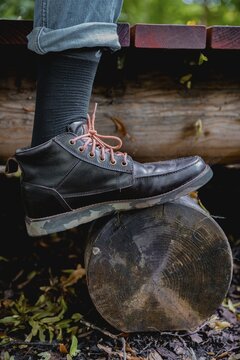 Bein mit schwarzen Schuhen und Jeans steht auf Holzstamm, Hipster, Waldboden, Deutschland