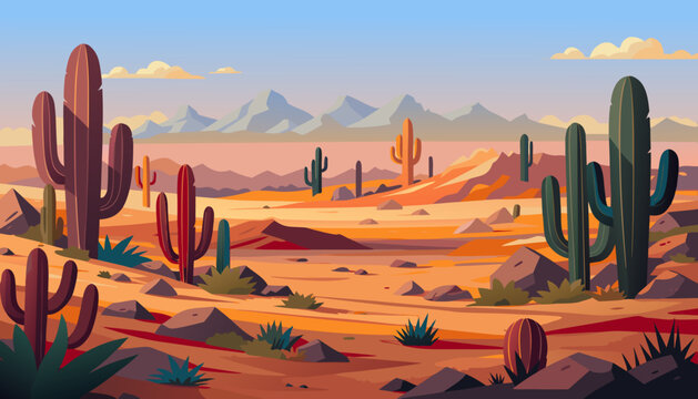 vector, desert, cordillera, cacti, succulents, clouds, rocks, sand, sandstone, mountains, bushes, grass, shadow, panorama, banner, postcard, scenery, Mexico, romance, adventure, western, nature