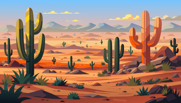vector, desert, cordillera, cacti, succulents, clouds, rocks, sand, sandstone, mountains, bushes, grass, shadow, panorama, banner, postcard, scenery, Mexico, romance, adventure, western, nature