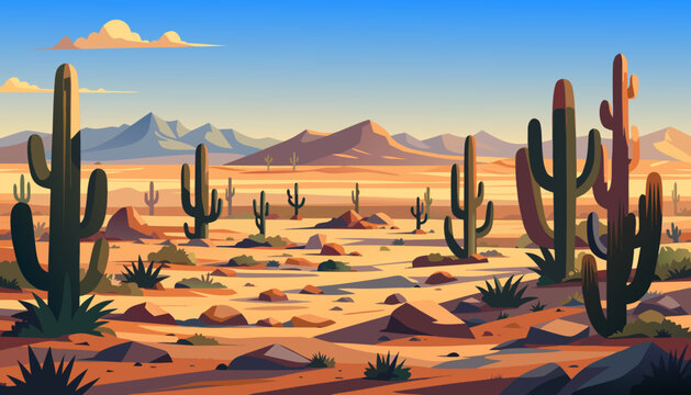 vector, desert, cordillera, cacti, succulents, clouds, rocks, sand, sandstone, mountains, bushes, grass, shadow, panorama, banner, postcard, scenery, Mexico, romance, adventure, western, nature
